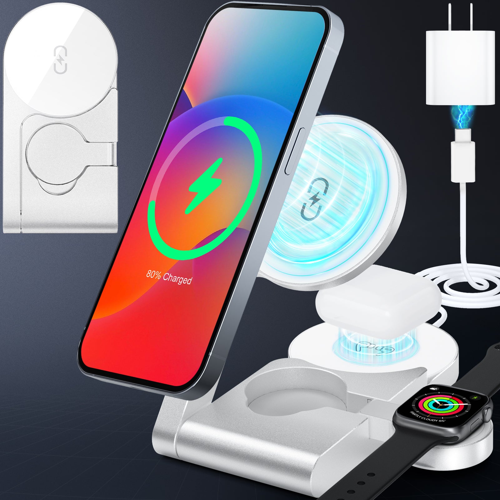 M16 Wireless Charger 3 in 1 Aluminum Alloy Foldable MagSafe Compatible Charger for iPhone 16 15 14 13 12 Series Wireless Charging Station for AirPods Wireless Charging Stand for iWatch Series(Silvery)